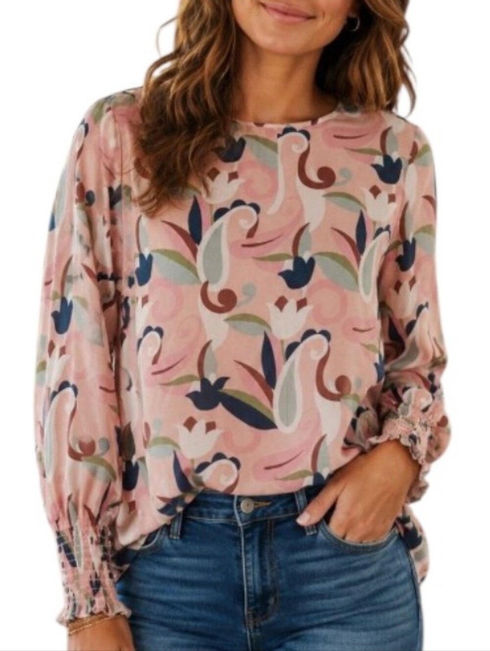 BODEN Floral Paisley Tunic Blouse Smocked Cuff
